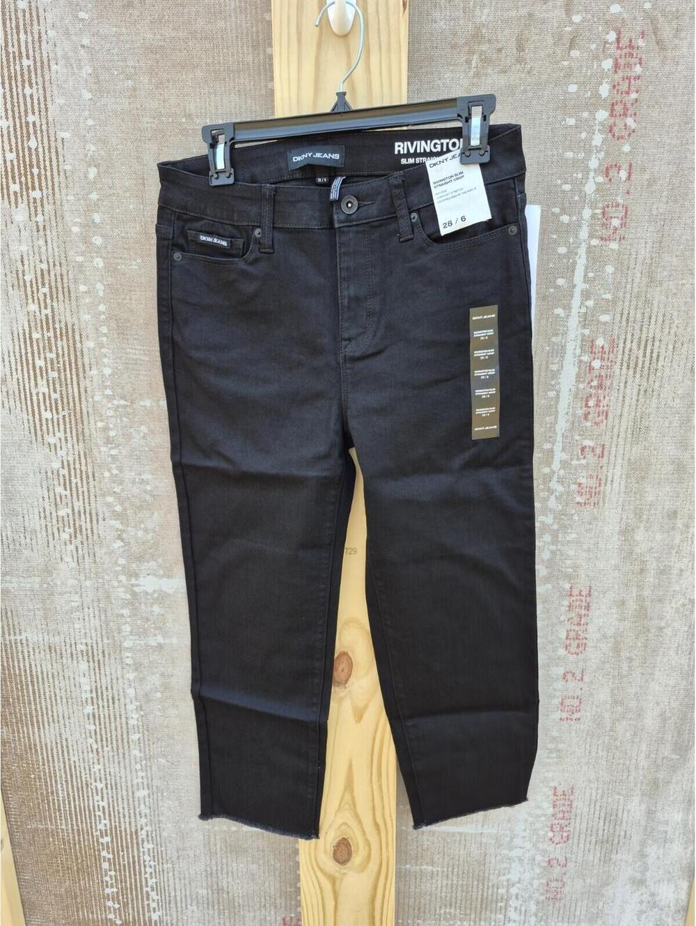 DKNY Women's Rivington Slim Straight Crop Raw Jeans Black Mid Rise Size 28 Waist